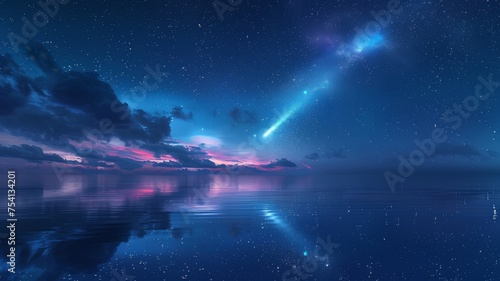 A breathtaking comet illuminating the sky above a calm ocean, its reflection shimmering in the water © FoxGrafy