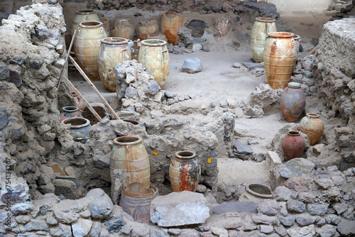 Amphorae at the Akrotiri Archaeological Site on the Greek Cyclades island of Santorini-Greece