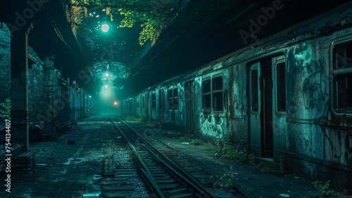 An eerie, abandoned subway station with phantom trains passing through in the night