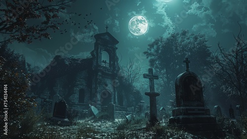 An eerie, dilapidated graveyard under a full moon, with shadows that seem to move