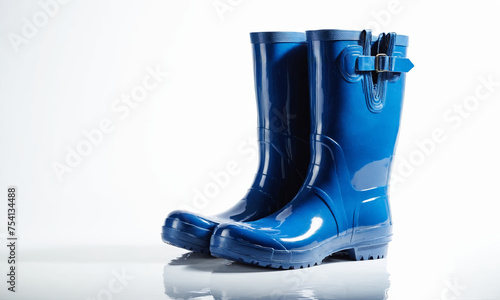 Blue waterproof rubber boots on a white background