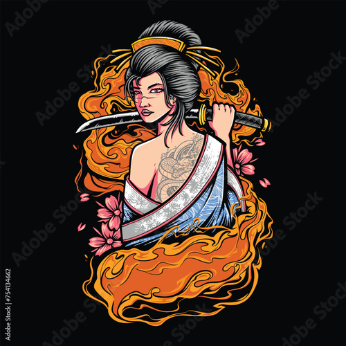 japanese geisha holding katana illustration