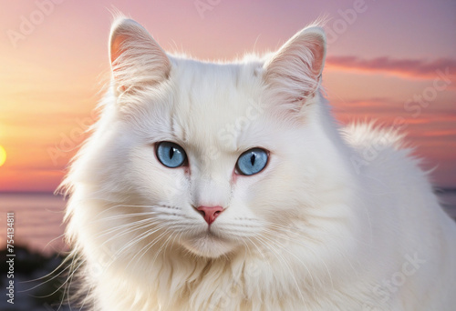 Beautiful fluffy white cat with bicolor eyes on sunset light background