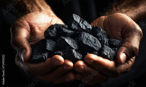 Man's hands holding coal over a pile of coal