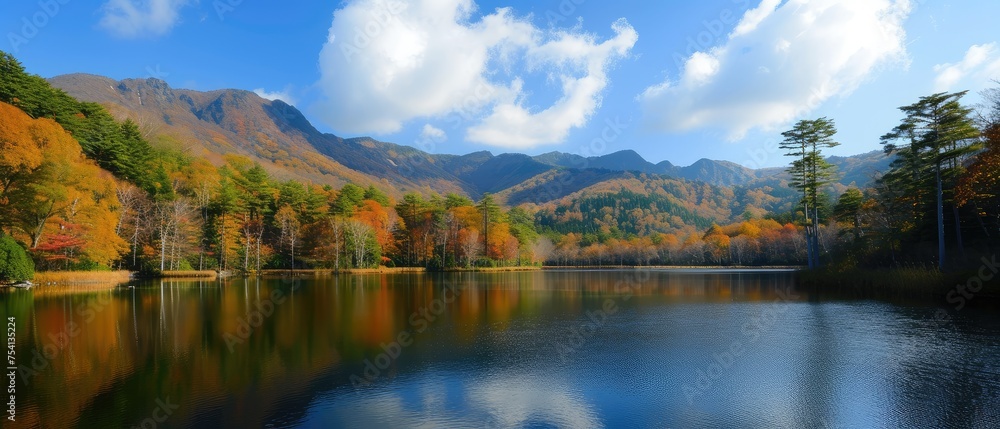Serene Lake with Autumn Foliage and Mountain Backdrop Serene Lake with Autumn Foliage and Mountain Backdrop