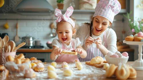 A mother and child engaged in an Easter-themed baking session, surrounded by delicious treats and a messy kitchen