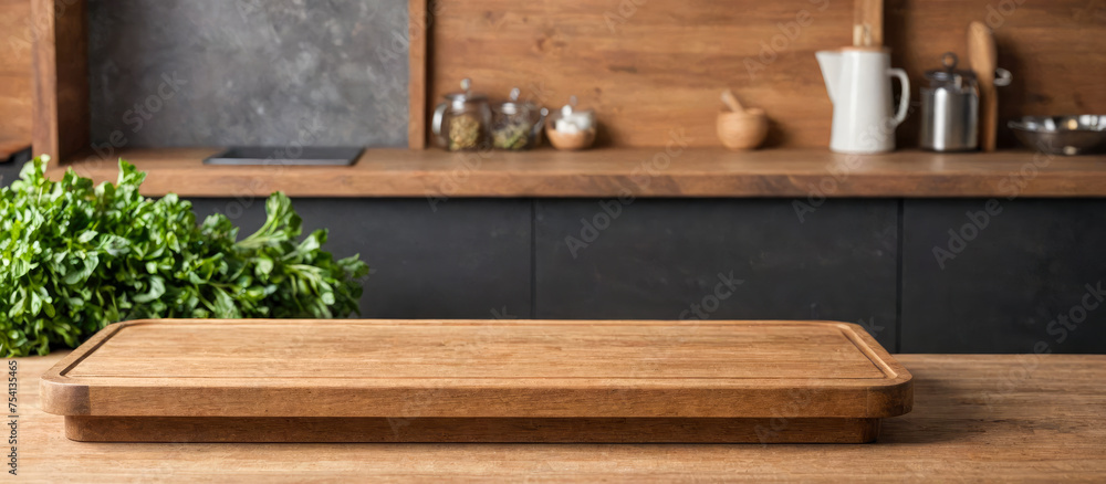 Empty Wooden cutting board in kitchen setting, rustic style, food preparation concept. Natural light, kitchen counter top, ready for cooking. culinary blogs, recipe websites, food magazines Empty Wooden cutting board in kitchen setting, rustic style, food preparation concept. Natural light, kitchen counter top, ready for cooking. culinary blogs, recipe websites, food magazines