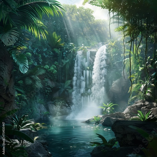 Waterfall hidden in the tropical jungle realistic photography
