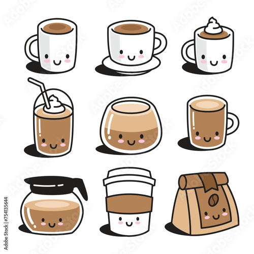 Cute coffee cup set collection kawaii illustration