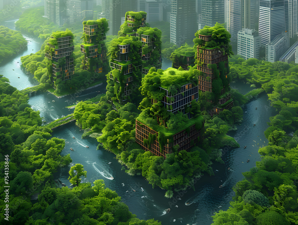 Futuristic eco-city concept with lush greenery on skyscrapers and clean rivers running through an urban landscape.