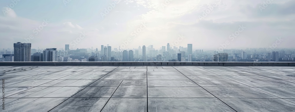 Panoramic City Skyline with Empty Concrete Surface - obrazy, fototapety, plakaty 