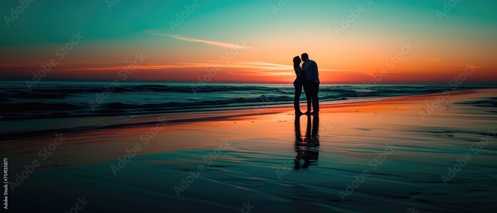 Couple Embracing on Beach at Sunset Silhouette