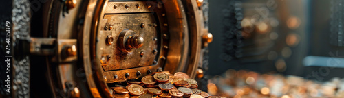 An antique bank vault safeguarding a treasure trove of cash and valuable coins photo