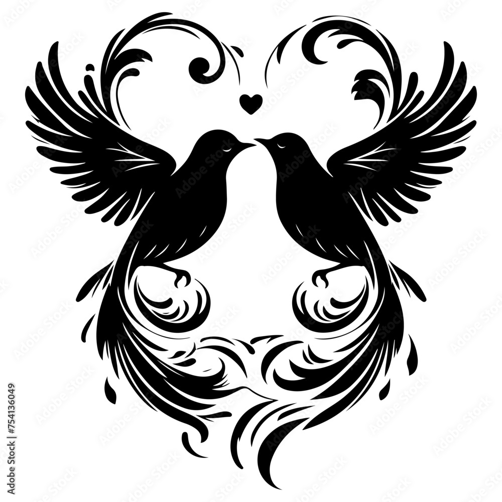 Fototapeta premium Birds fly to make a heart shape of love. hand drawing birth silhouette black outline art isolated on white background, vector illustration