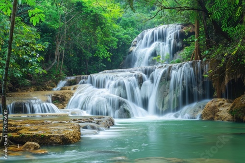 Beautiful Landscape of Peaceful Waterfall in a Fresh Green Tropical Rain Forest with Mountains in the Background © Serhii