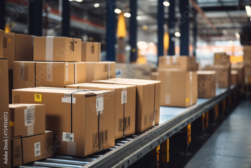 Cardboard boxes on a conveyor belt in warehouse © xadartstudio