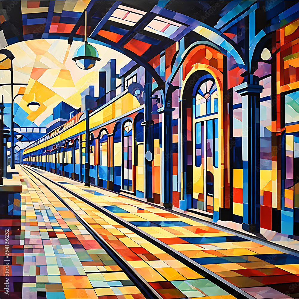 A vibrant train station painting showcasing colorful buildings.
