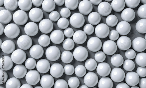 3D background composed of numerous closely packed white spheres. Each sphere reflects light differently  creating a dynamic texture. Ideal for graphic design  advertisements  or website layouts