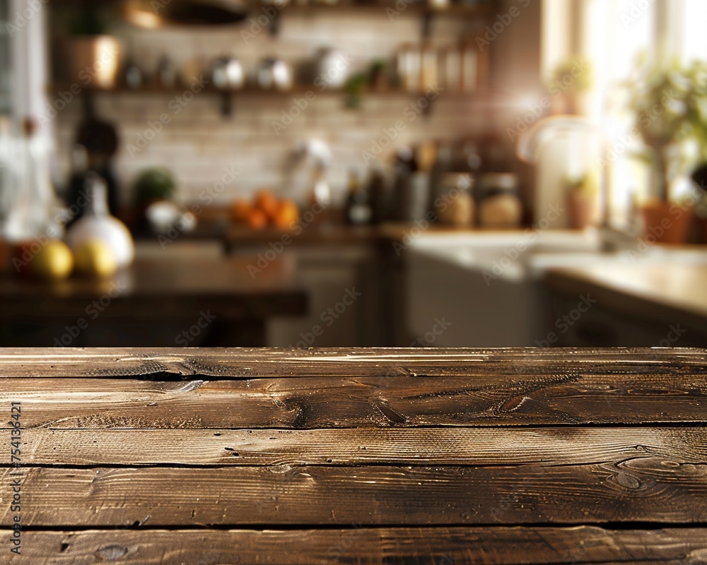 Aged wooden tabletop with space for products set over a defocused kitchen background embodying rustic charm