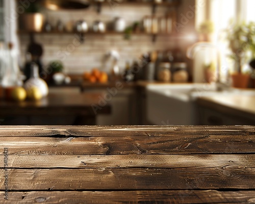 Aged wooden tabletop with space for products set over a defocused kitchen background embodying rustic charm