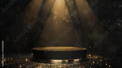 Elegant black podium on a dark stage illuminated by golden spotlight and glitter ideal for award displays