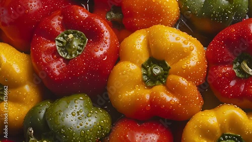 A colorful ortment of bell peppers ranging from bright yellow to deep red glistening with drops of dew after a morning rain. photo