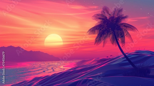 Palm tree in warm shades against a dreamy lavenders sunset