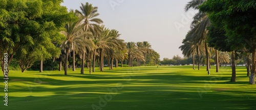 Tranquil Palm Tree-Lined Golf Course at Sunset
