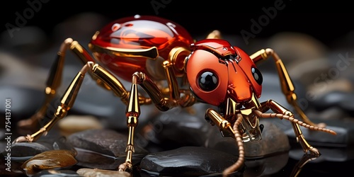 A robot bug with gold legs and a gold head
