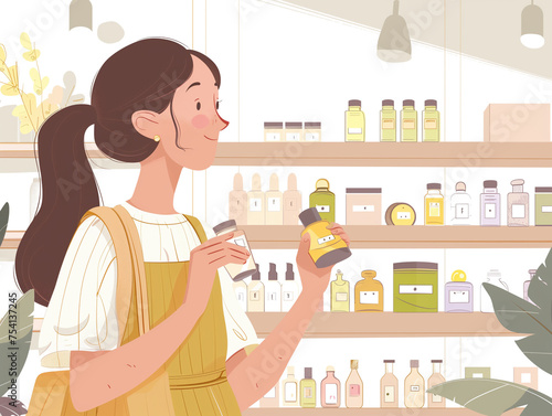 Young girl choosing perfume in a duty free shop. Good mood. Yellow and green. Flat illustration