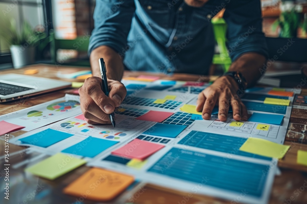 Obraz premium Businessman utilizes online tools for efficient project management, ensuring smooth communication and streamlined workflow.