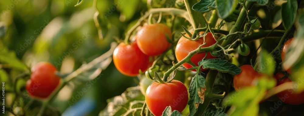 Ripe Tomatoes on Vine in Sunlit Garden