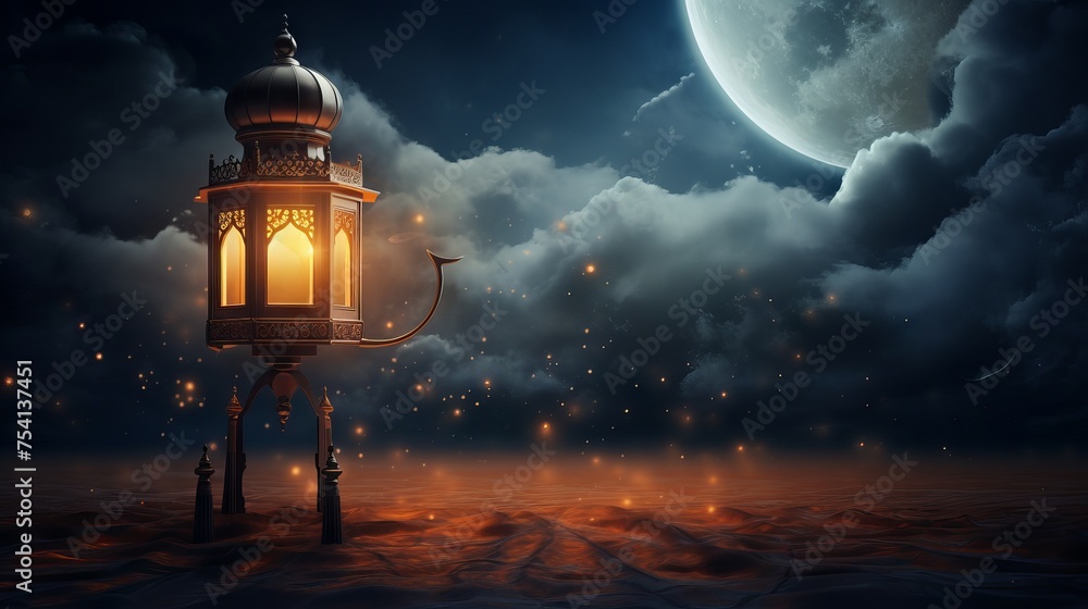 Vibrant ramadan background: illuminated kareem lantern against crescent moon sky, capturing the spirit of celebration and faith
Vibrant ramadan background: illuminated kareem lantern against crescent moon sky, capturing the spirit of celebration and faith