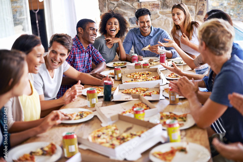 Group  friends and party with pizza  lunch and diversity for joy or fun with youth. Men  Women and fast food with drink  social gathering and snack for celebration or eating at italian pizzeria