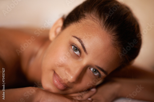 Portrait  peace and woman in spa to relax for vitality or wellbeing  luxury and pamper for body care or treatment. Female person  rest and calm or carefree for stress relief  zen wellness and therapy