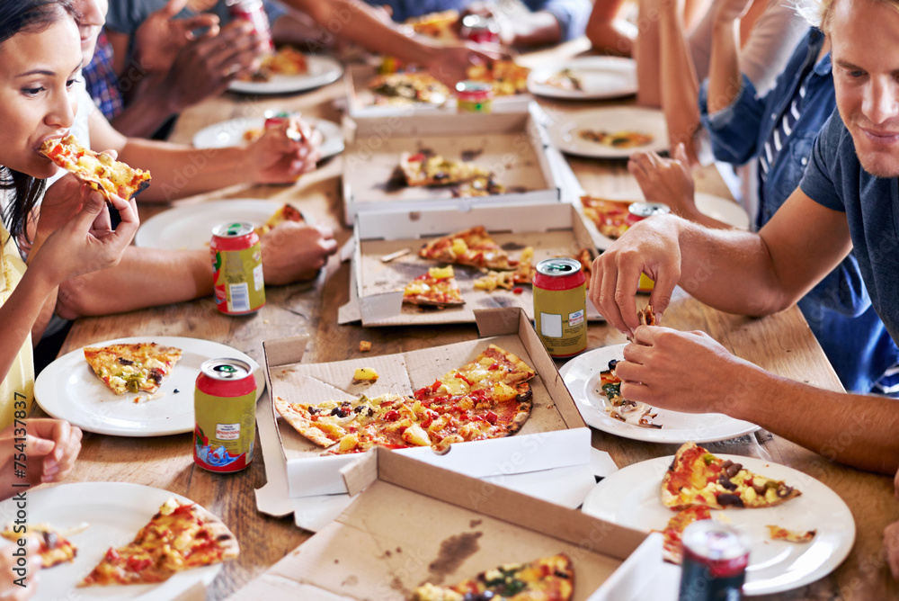 Group, friends and party with pizza, eating and diversity for joy or fun with youth. Men, women and fast food with drink, social gathering and snack for lunch or celebration at italian pizzeria