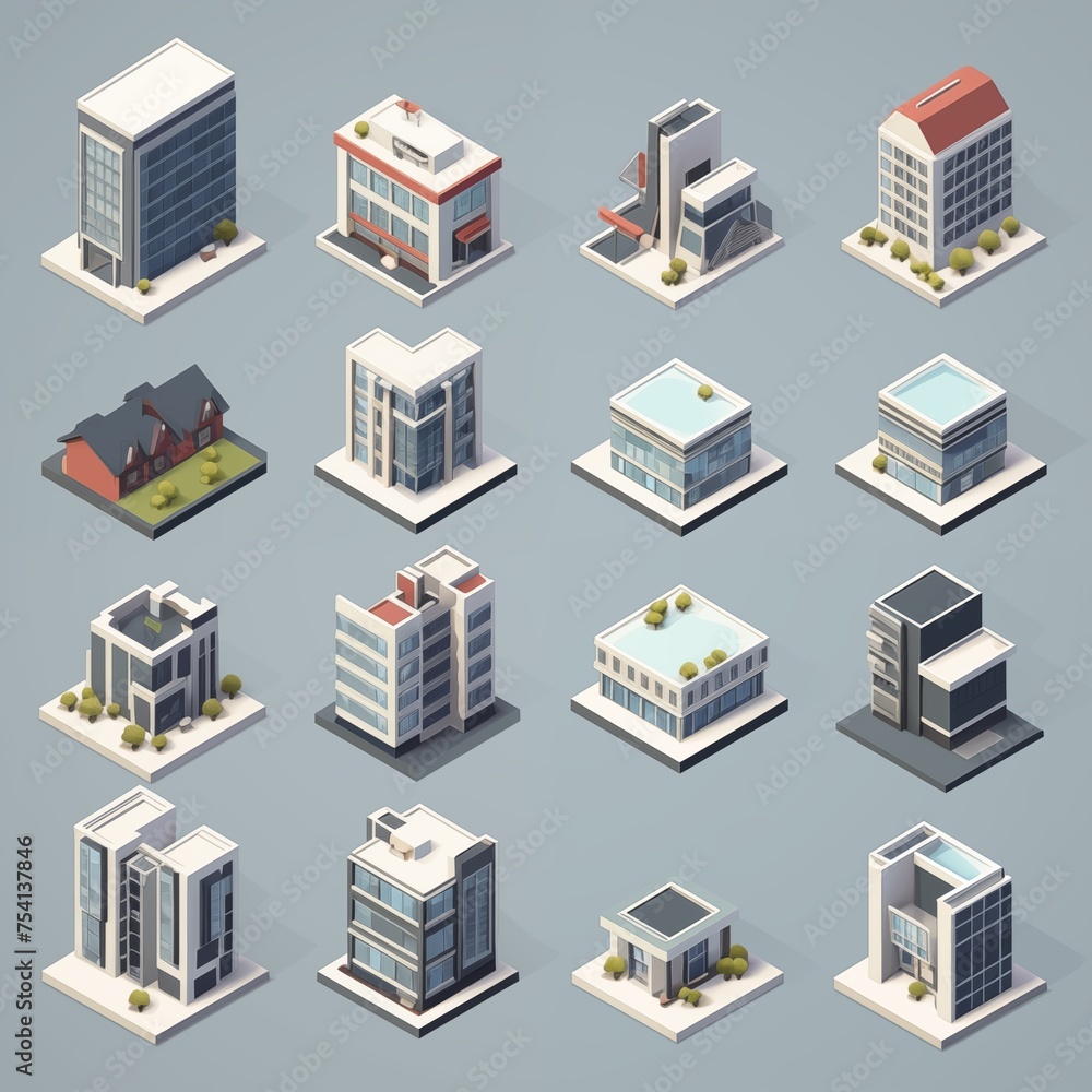 A collection of isometric architectural models depicting various modern urban buildings A collection of isometric architectural models depicting various modern urban buildings