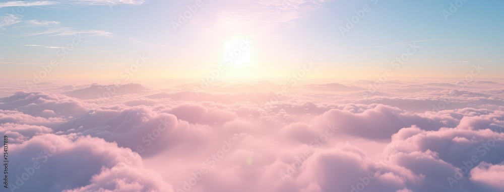 A Serene Sunrise Above Fluffy Clouds Panoramic View