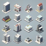 A collection of isometric architectural models depicting various modern urban buildings
