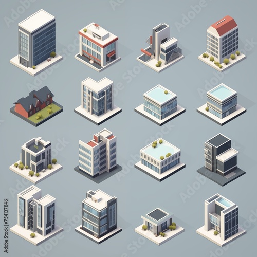 A collection of isometric architectural models depicting various modern urban buildings