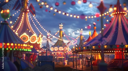 Carnival at Dusk in 3D Render, To capture the vibrant and joyful atmosphere of a carnival at dusk, showcasing the rides, tents, and lights that make