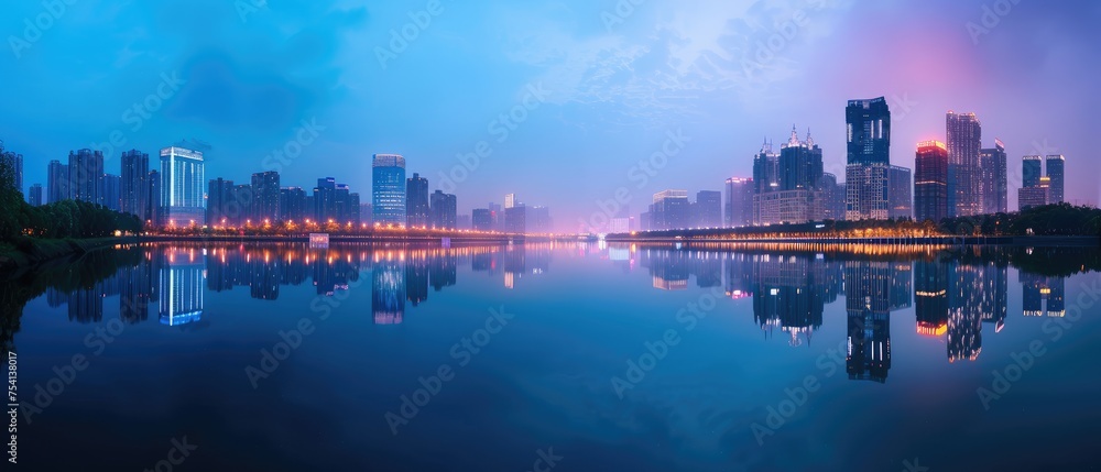 Obraz premium Twilight Reflections in Urban Waterfront Panorama
