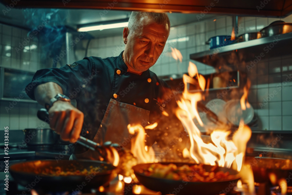 Seasoned chef expertly cooking over open flame in bustling kitchen. Seasoned chef expertly cooking over open flame in bustling kitchen.