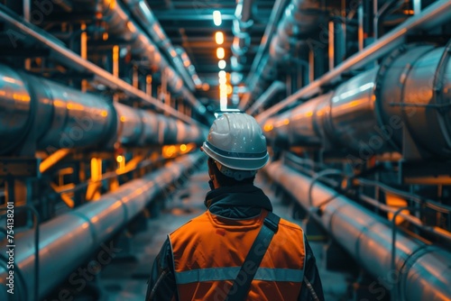 Industrial Engineer. Back view of an engineer in safety gear, surveying an expansive pipeline and pipe rack of an industrial plant, symbolizing progress. © Postproduction