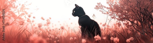 Cat silhouette in monochromatic amidst a garden of blossom pinks
