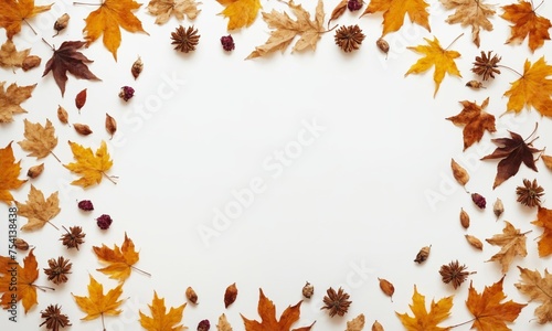 Autumn composition. Frame made of dry leaves on white background. Flat lay  top view  copy space