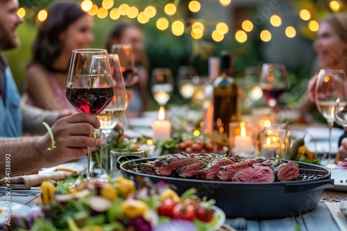 Backyard BBQ dinner with joyous friends and family, evoking summer gathering nostalgia.