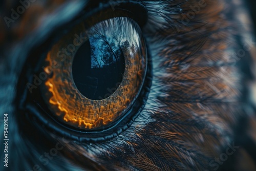 Close-up of detailed animal eye reflecting natural surroundings with intricate iris patterns and vibrant colors. Wildlife and nature photography.