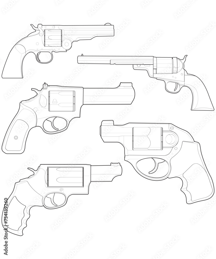 Bundling set of Revolver with line art style, Shooting gun, Weapon illustration, Vector Line, Gun illustration, Modern firearm, Military concept, Pistol vector.