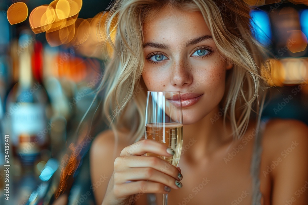 Young Woman Sipping Bubbly in the Casino